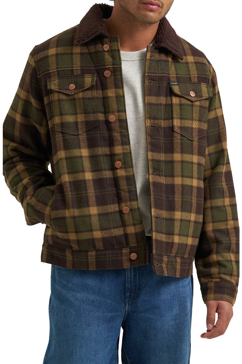 Plaid Jacket with Faux Shearling Collar, Main, color, OLIVE PLD