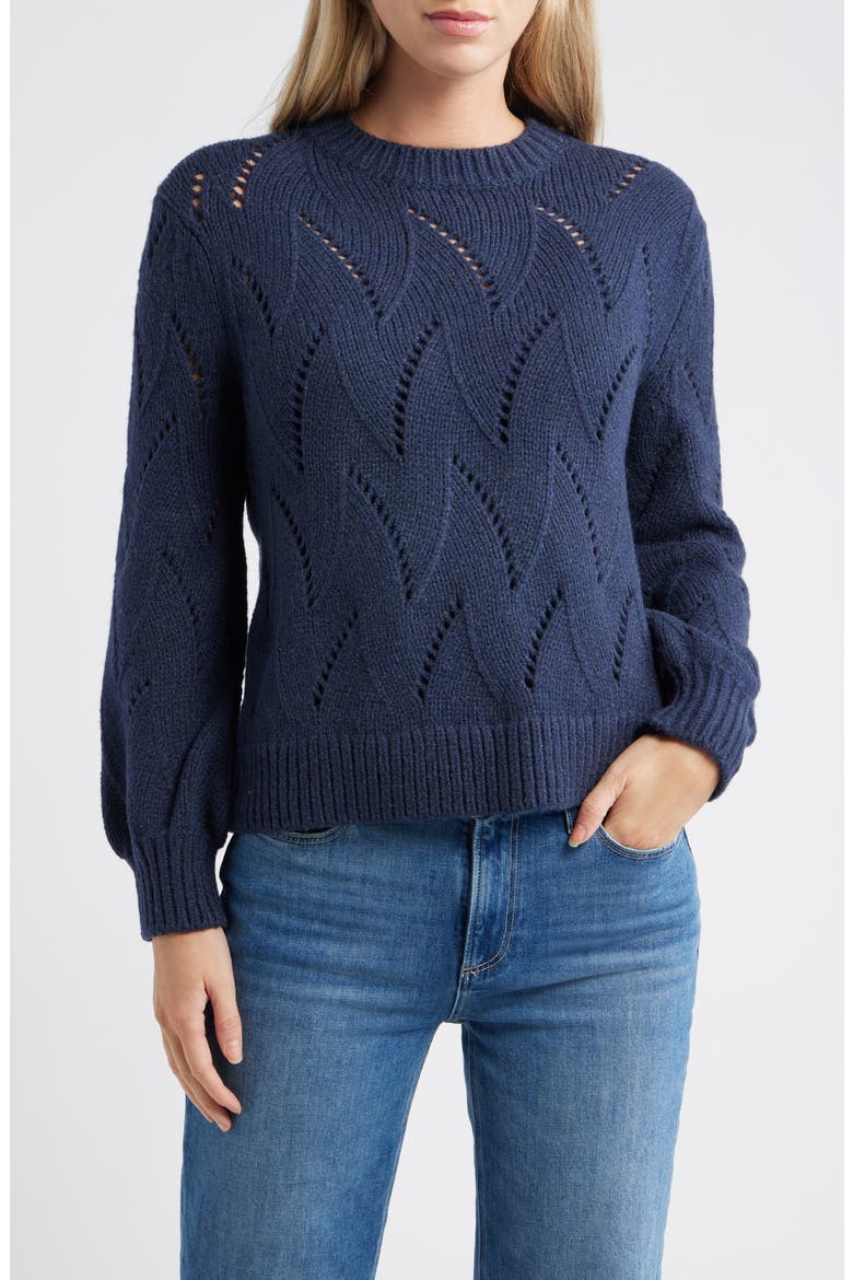 Lofty Pointelle Stitch Crewneck Sweater, Main, color, NAVY STILL