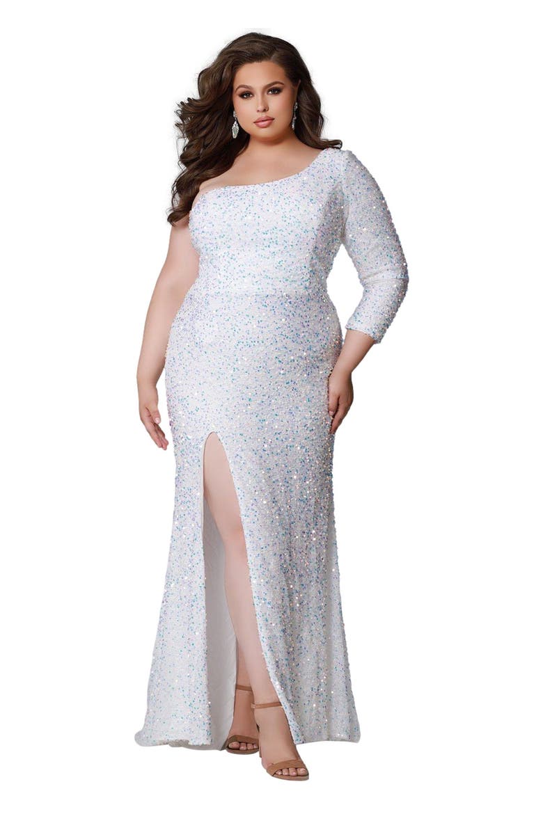 One-Shoulder Long Sleeve Sequin Plus Size Gown, Main, color, Pearlescent