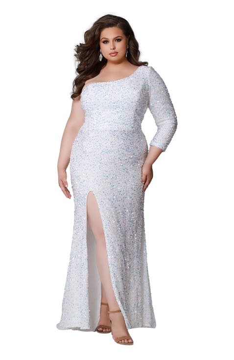 One-Shoulder Long Sleeve Sequin Plus Size Gown