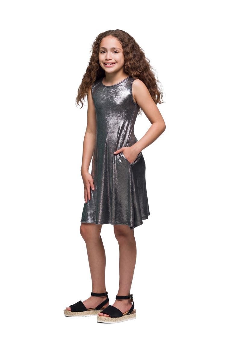 Black Shimmery Metallic Sleeveless A-Line Dress, Alternate, color, Grey Metallic