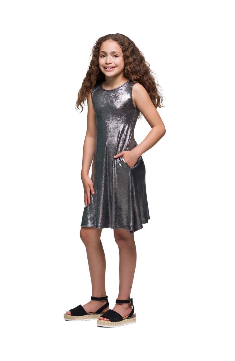 24sevenKid Black Shimmery Metallic Sleeveless A-Line Dress, Alternate, color, Grey Metallic