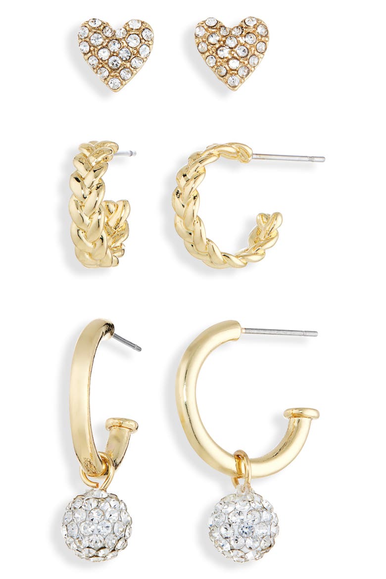 Set of 3 Heart & Hoop Earrings, Alternate, color, CLEAR