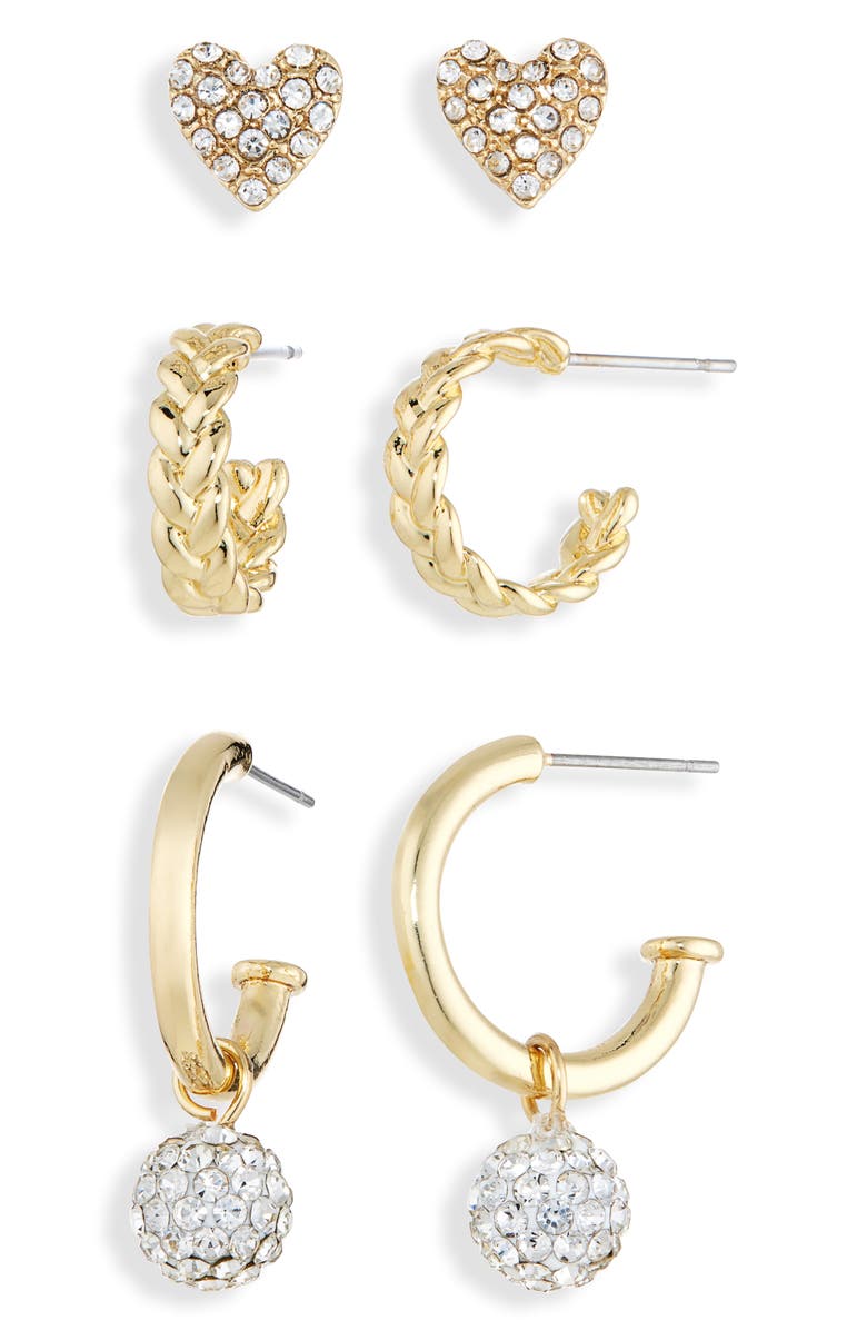 BaubleBar Set of 3 Heart & Hoop Earrings, Alternate, color, Clear