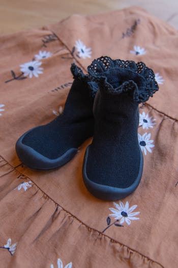 Toddler Girl Sock Shoes Lace Trim - Black