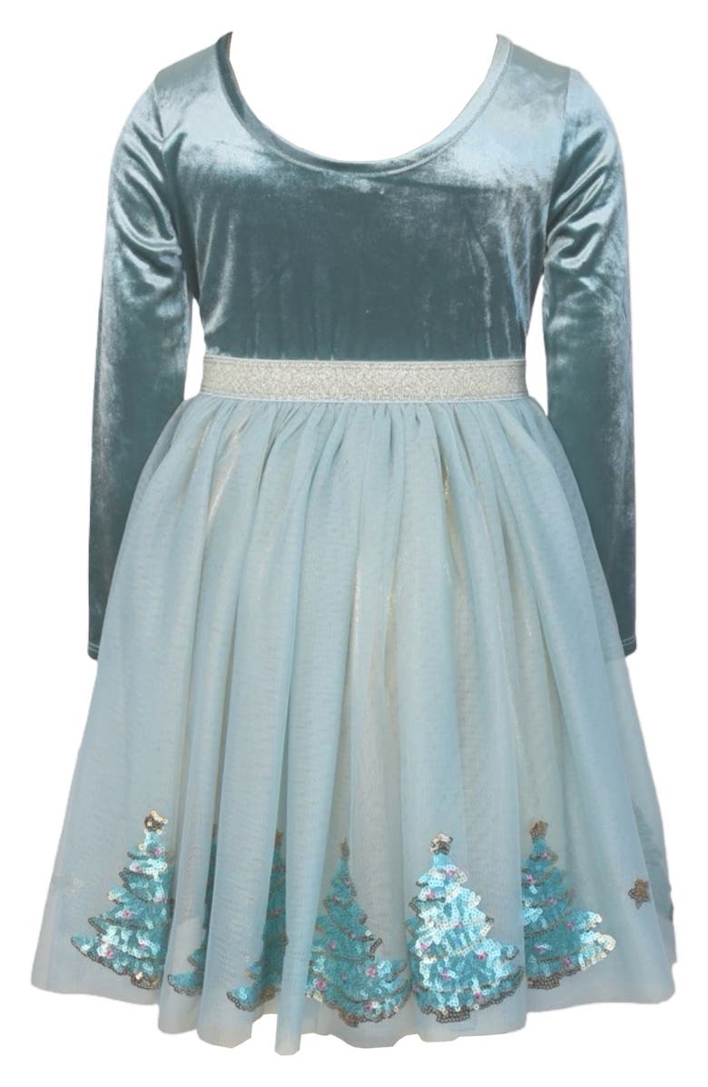 Zunie Kids' Long Sleeve Crushed Velvet & Mesh Party Dress, Alternate, color, Sage