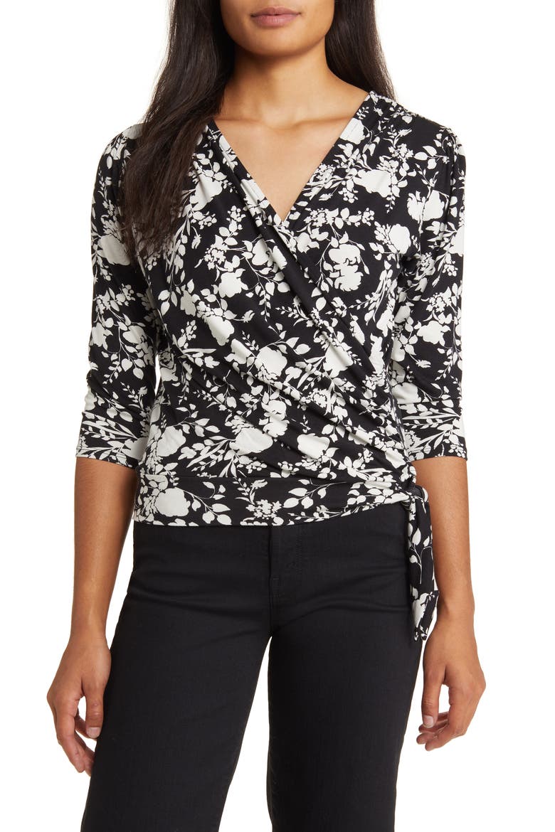 Faux Tie Wrap Top, Main, color, BLACK/ IVORY