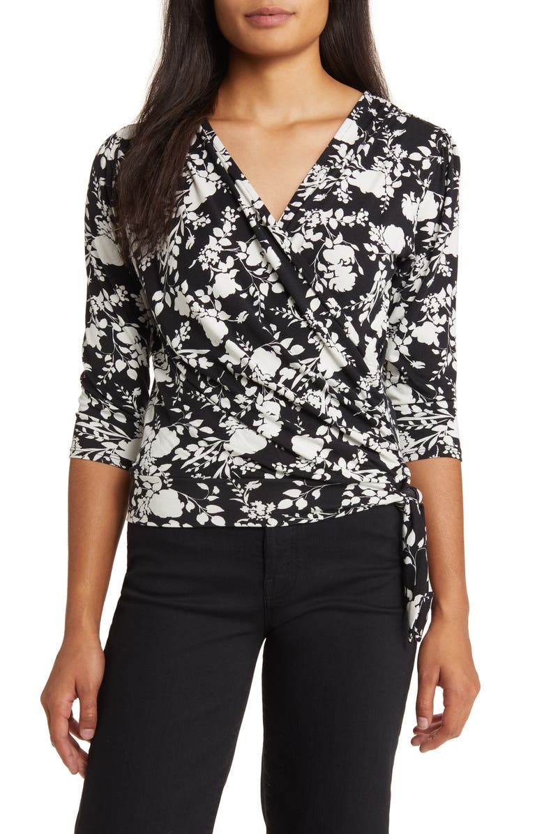 Loveappella Faux Tie Wrap Top, Main, color, Black/ Ivory