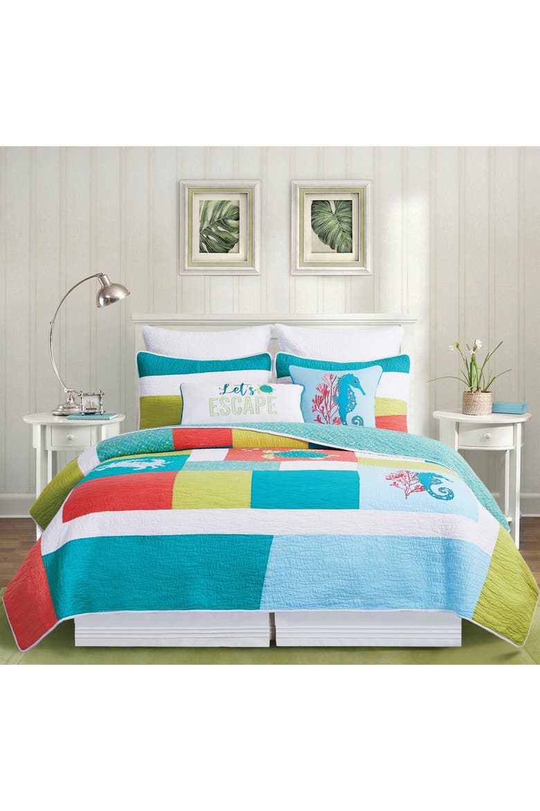 Santorini Coastal Beach Patchwork Embroidered and Applique Cotton Quilt Set  - Machine Washable, Main, color, Blue