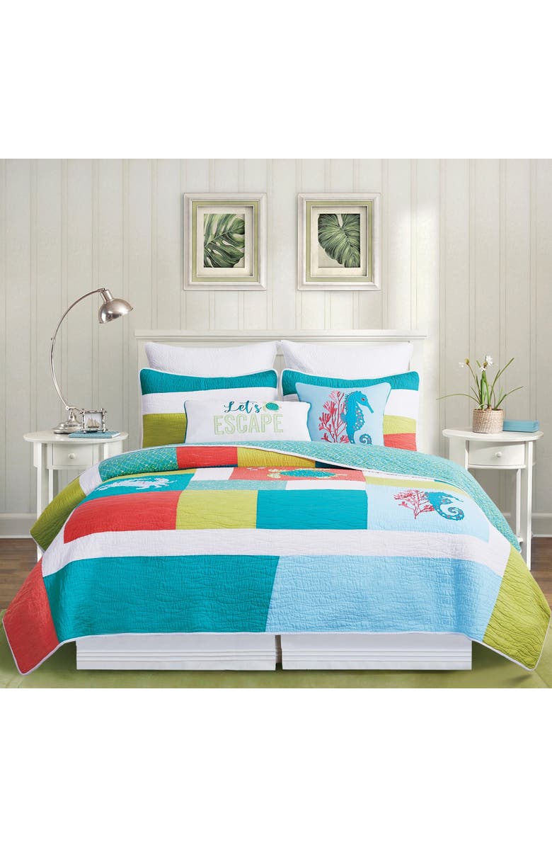 C&F Home Santorini Coastal Beach Patchwork Embroidered and Applique Cotton Quilt Set  - Machine Washable, Main, color, Blue