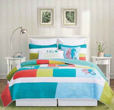 Santorini Coastal Beach Patchwork Embroidered and Applique Cotton Quilt Set  - Machine Washable