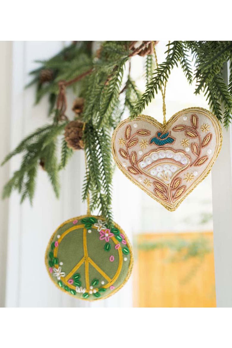 Larissa Plush Floral Peace Sign Beaded Fabric Ornament - Embroidered, Alternate, color, Green