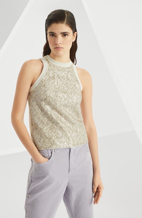Brunello Cucinelli Stretch Cotton Jersey Top With Dazzling Net Embroidery In Gray