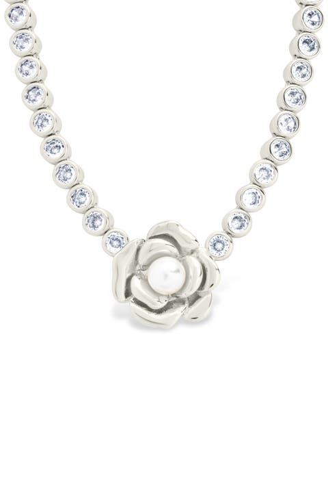Rosa Pearl Flower Cubic Zirconia Tennis Necklace