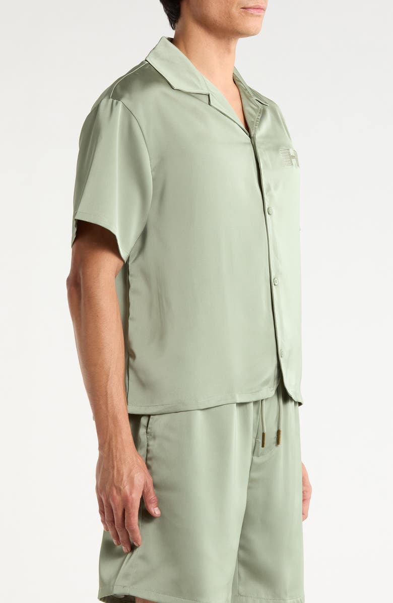 HONOR THE GIFT Satin Logo Embroidered Button-Up Camp Shirt, Alternate, color, Sage