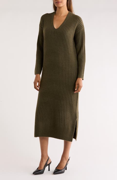 Long Sleeve V-Neck Sweater Dress