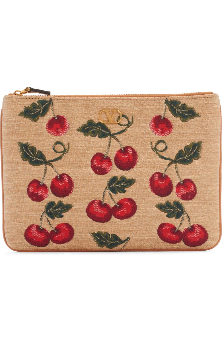 Valentino Garavani Medium VLOGO Cherry Jacquard Raffia Clutch, Main, color, R9f Natural/ Multi/ Camel
