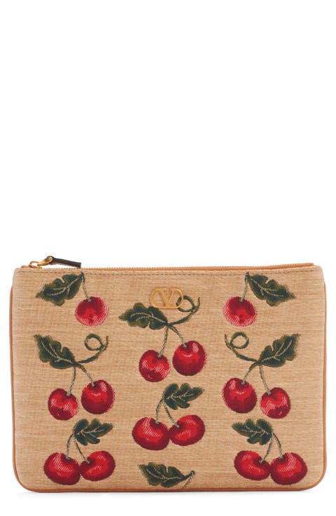 Medium VLOGO Cherry Jacquard Raffia Clutch