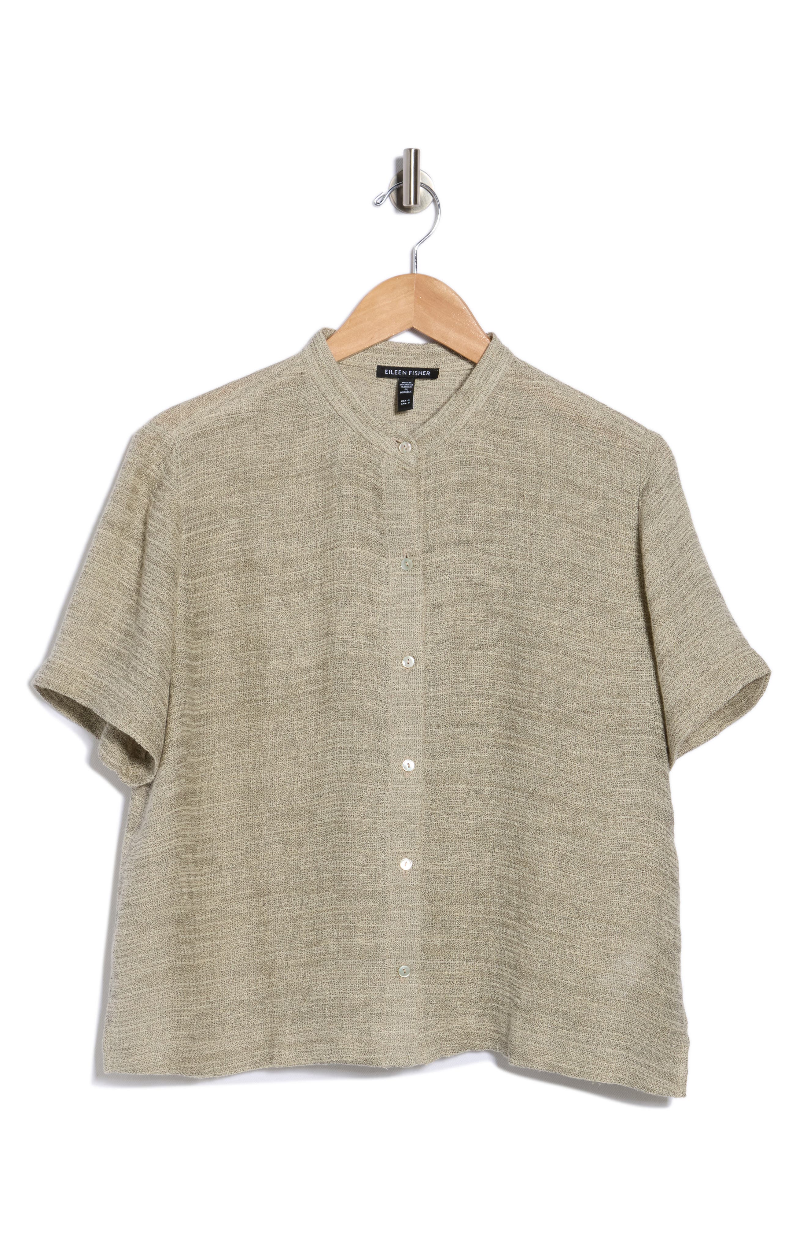 Eileen Fisher Short Sleeve Organic Linen Blend Button-Up Shirt