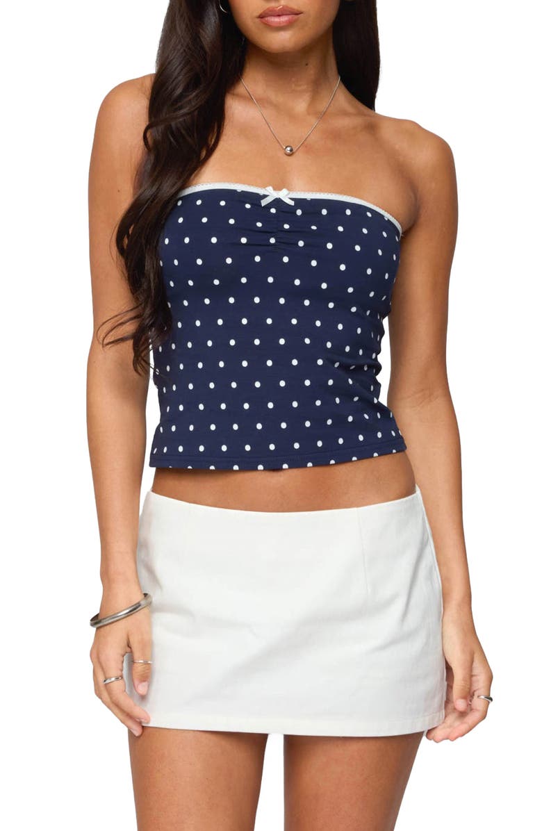 EDIKTED Polka Dot Tube Top, Main, color, Navy