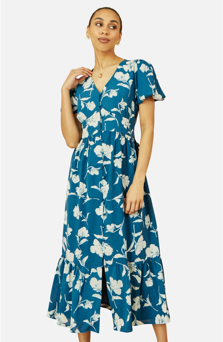 Yumi Floral Button Down Floral Midi Dress, Alternate, color, Teal