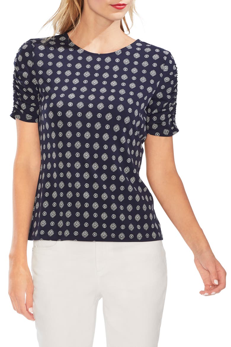 Textured Foulard Ruched Sleeve Top, Main, color, CLASSIC NAVY
