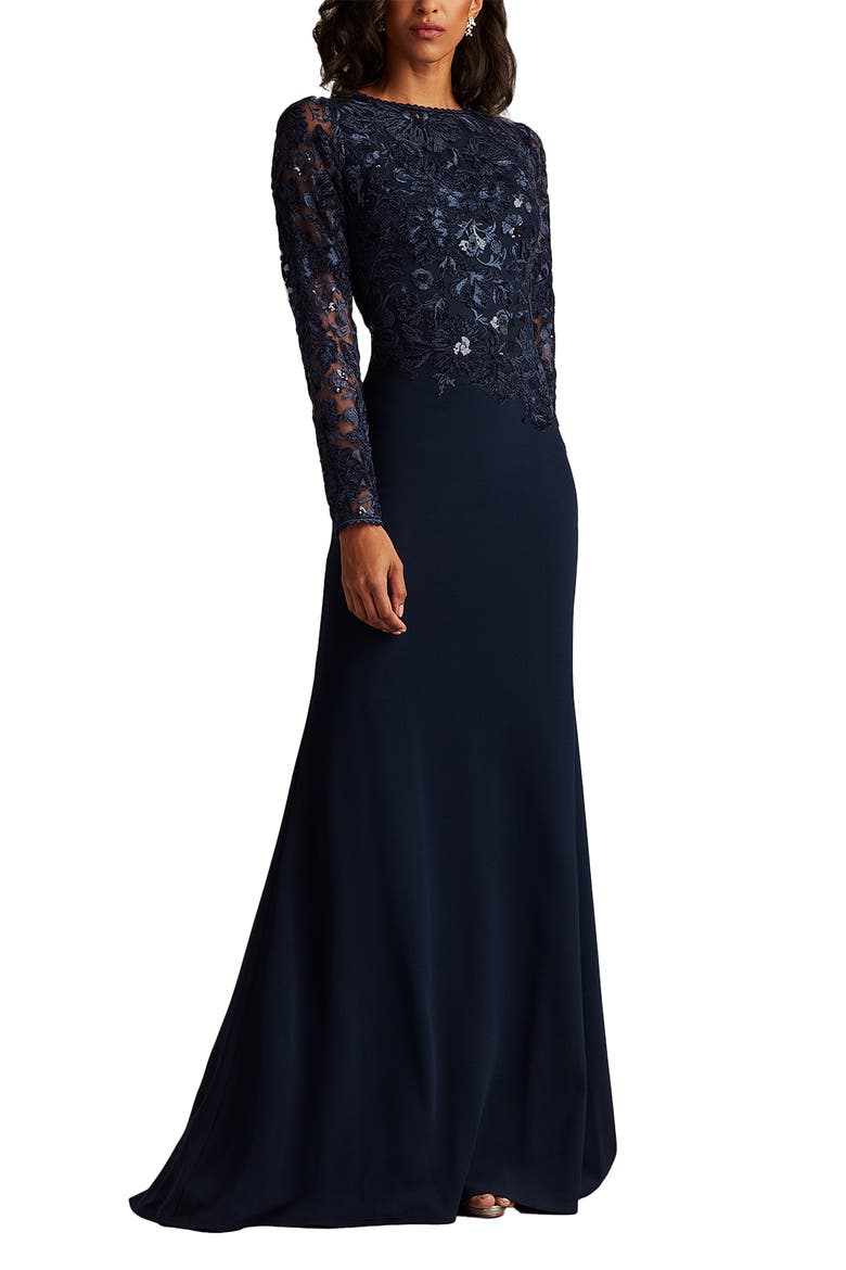 Embroidered Bodice Long Sleeve Gown, Alternate, color, NAVY/ NAVY