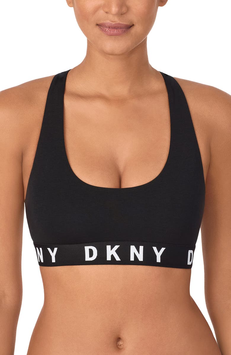 DKNY Logo Wirefree Racerback Bralette, Main, color, Black