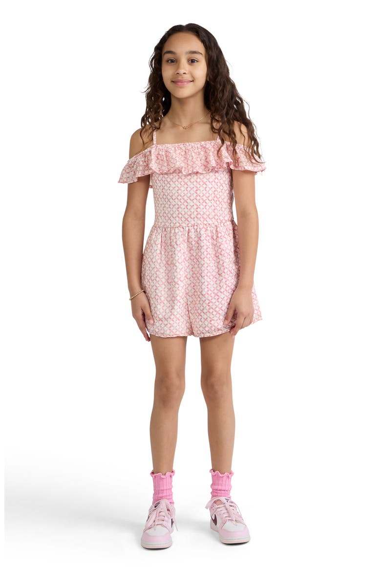 Kids' Cold Shoulder Cotton Romper, Alternate, color, GEO TILE PINK