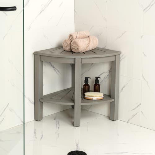 Jonathan Y Maris 18" Classic Coastal Solid Acacia Wood Indoor/outdoor Corner Shower Bench With Shelf In Gray