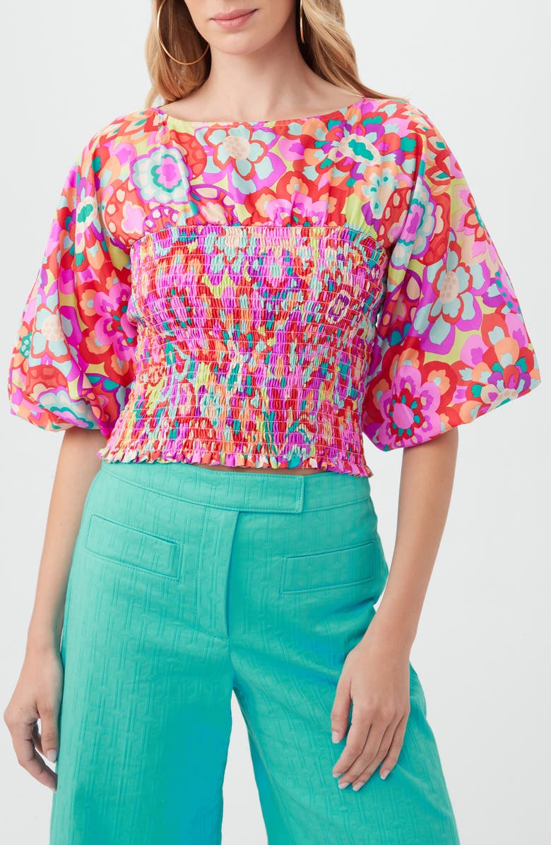 Trina Turk Sumi Puff Sleeve Silk Top, Main, color, Pink Multi