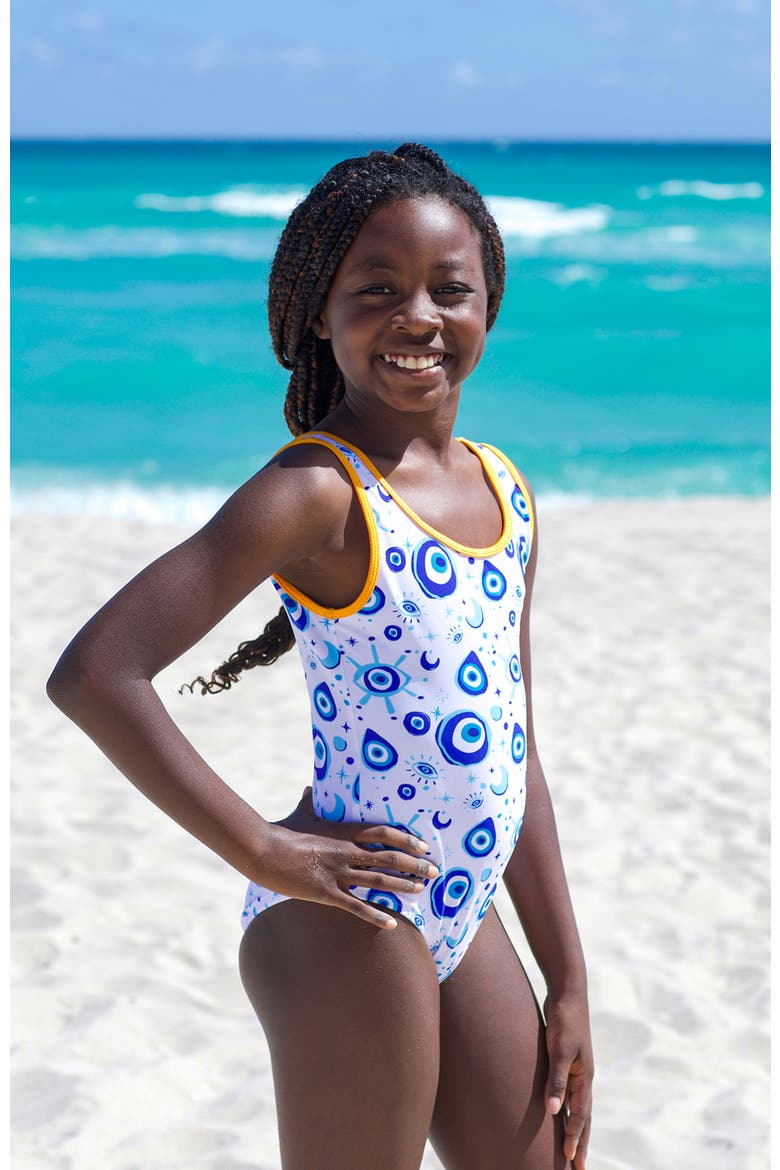 Evil Eye Motif with Orange Trim One-Piece Swimsuit, Alternate, color, White-Blue