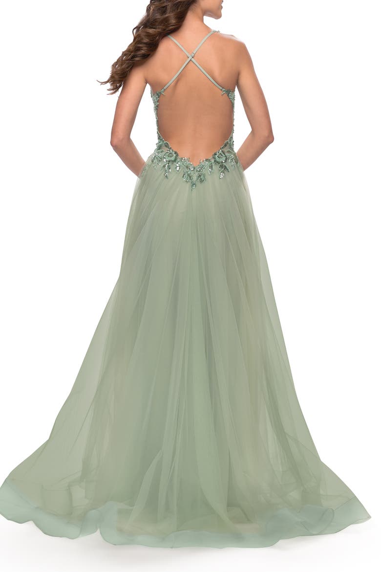 Tulle A-Line Gown with Sheer Bodice and Beaded Lace Detail, Alternate, color, Sage