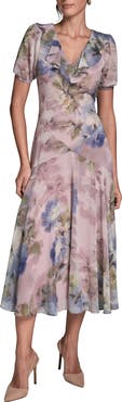 BCBG Floral Open Back Ruffle Midi Dress