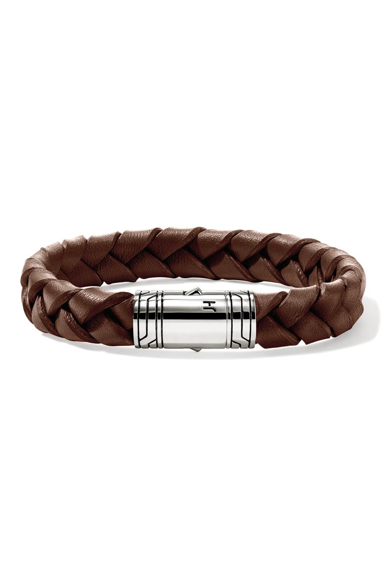 Woven Leather Bracelet, Main, color, BROWN/ SILVER