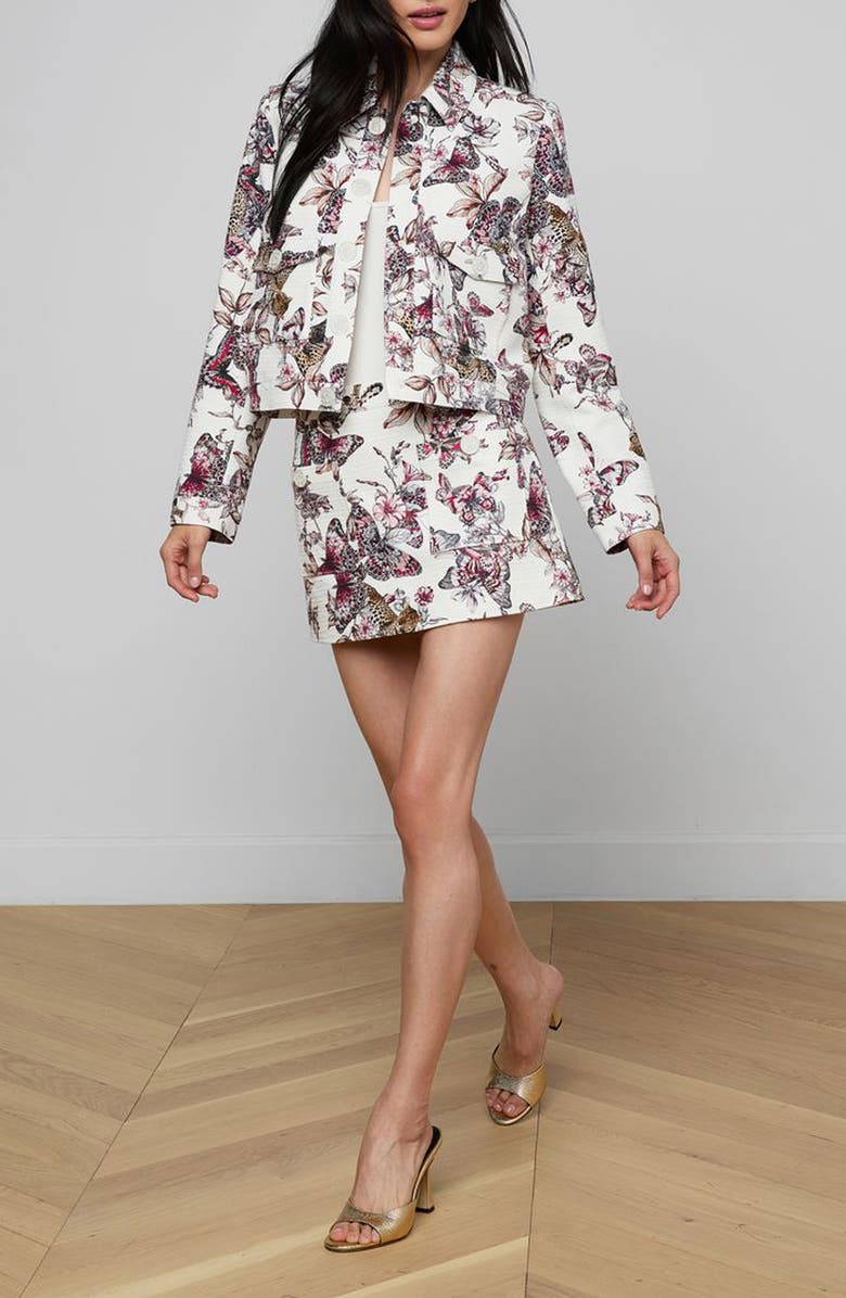 L'AGENCE Nyx Print Crop Jacket, Alternate, color, White Multi Large Butterfly