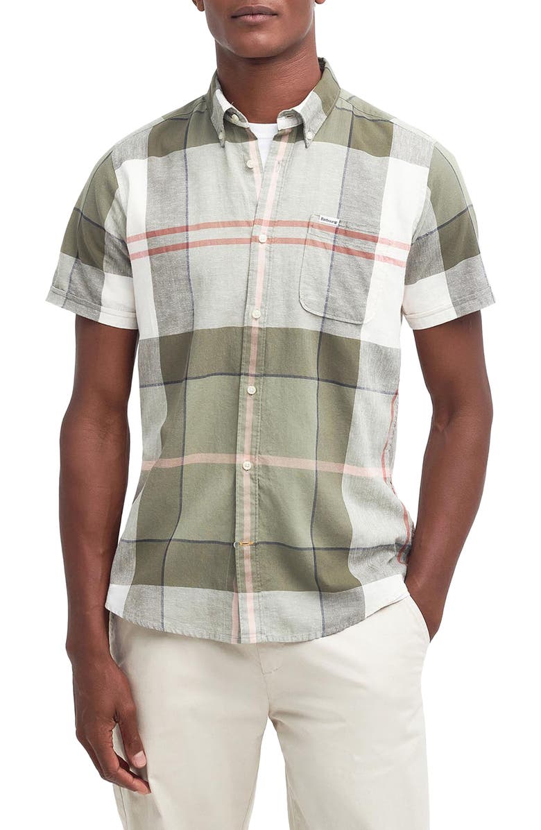 Barbour Men's Douglas Tailored Fit Plaid Short Sleeve Cotton & Linen Button-Down Shirt, Main, color, 