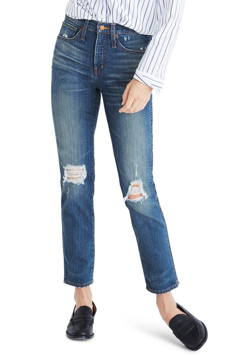Madewell Distressed Slim Straight Leg Jeans, Main, color, 