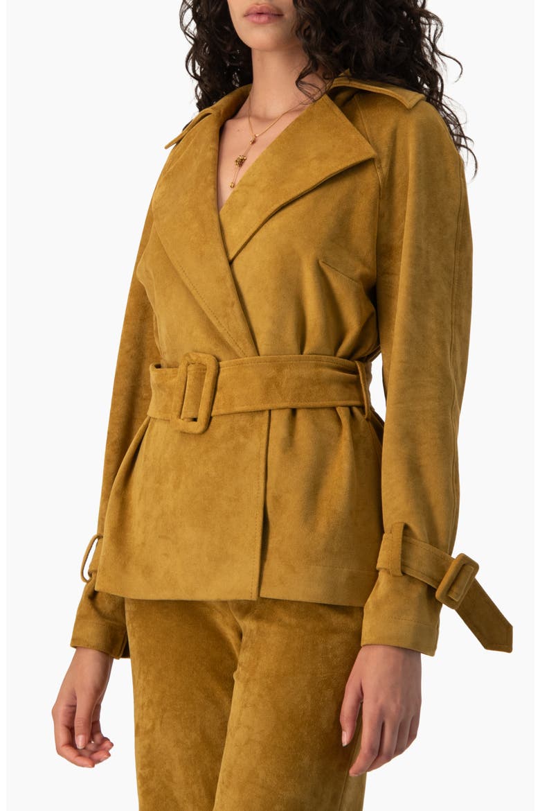 Faux-Suede Belted Wrap Jacket with Tie Cuffs, Alternate, color, Khaki