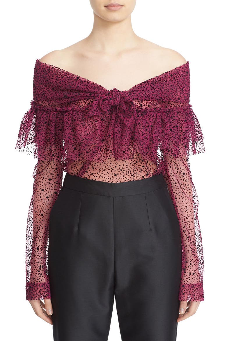 Ruffle Knot Off the Shoulder Tulle Top, Main, color, ULTRA PINK