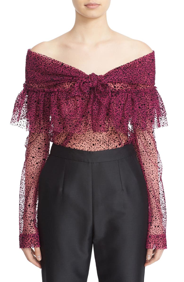Isa Arfen Ruffle Knot Off the Shoulder Tulle Top, Main, color, 