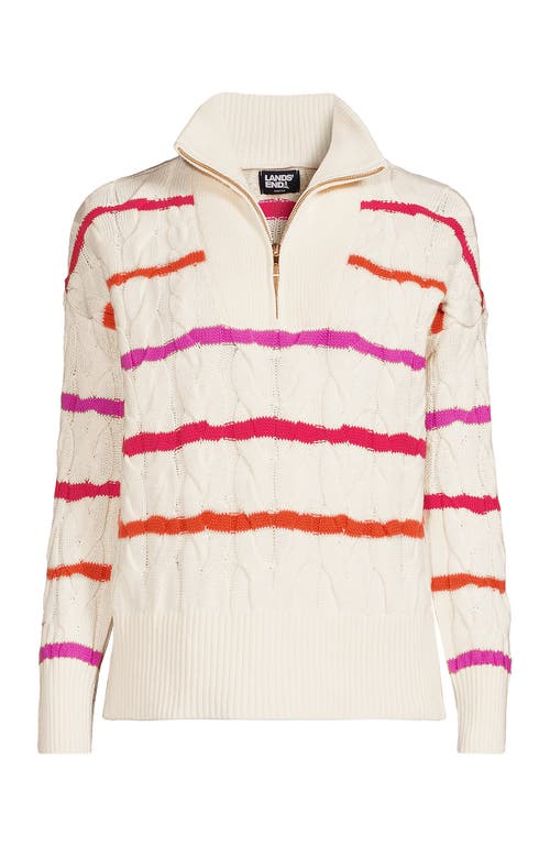 Lands' End Plus Size Drifter Cable Quarter Zip Sweater In Fresh Ivory Wide Multi Stripe