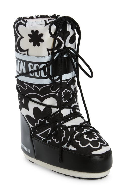 Moon Boot® Icon Flower Water Repellent Boot in Black/White 