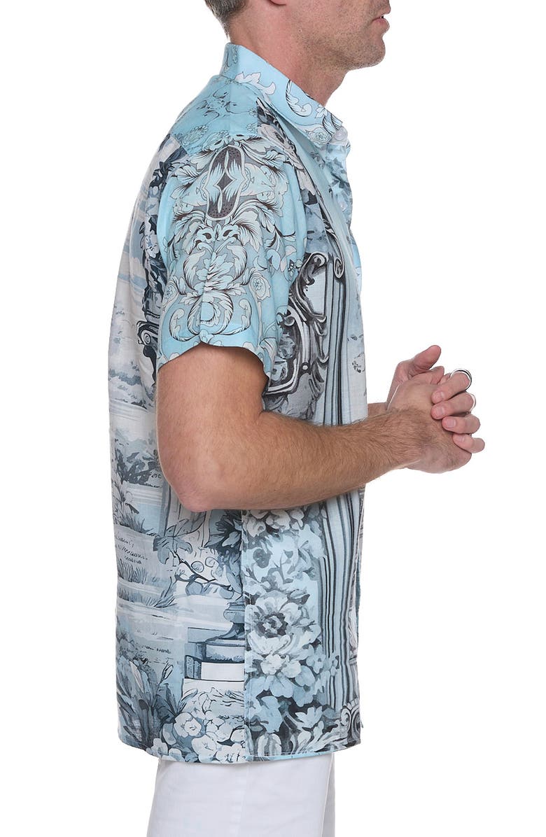 RANEES Extra Trim Fit Print Linen & Cotton Camp Shirt, Alternate, color, Light Blue