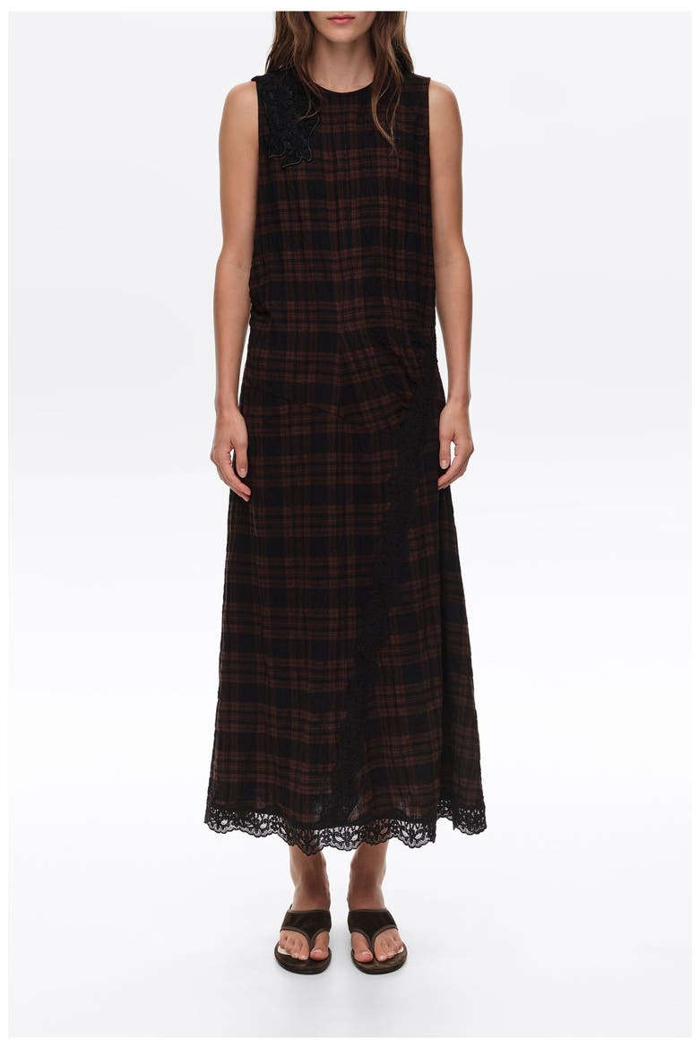 Checked Midi Dress with Lace Trim, Main, color, DARK BROWN