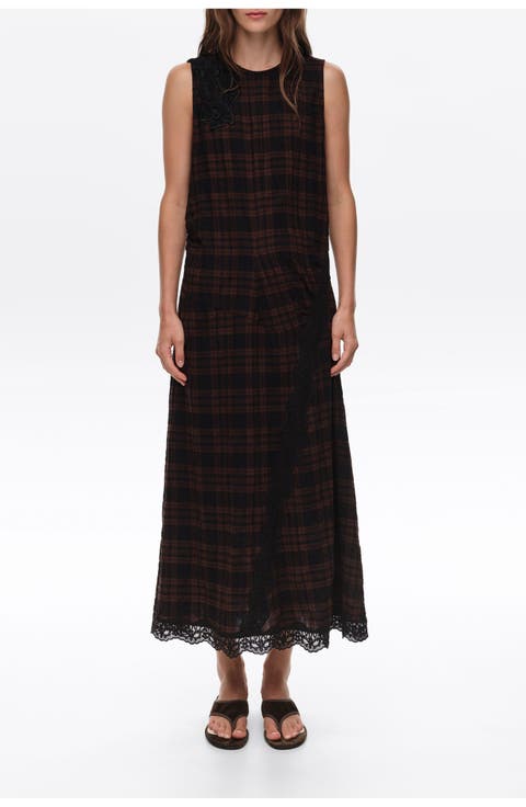 Checked Midi Dress with Lace Trim