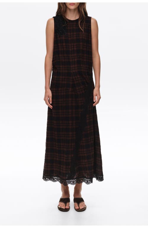 Bimba Y Lola Checked Midi Dress With Lace Trim In Dark Brown