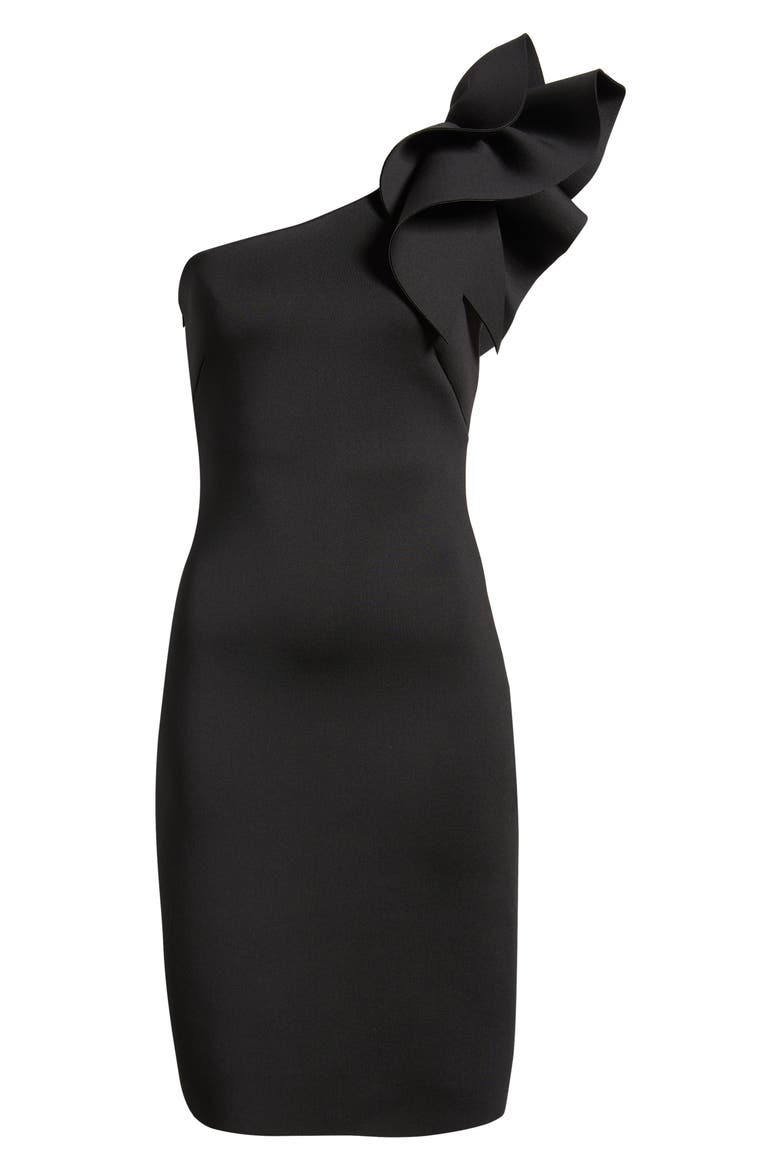 Asymmetric Ruffle One-Shoulder Sheath Cocktail Dress, Alternate, color, ANNE BLACK