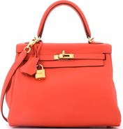 Pre-Owned Hermes Kelly Handbag Orange Swift with Gold Hardware 25