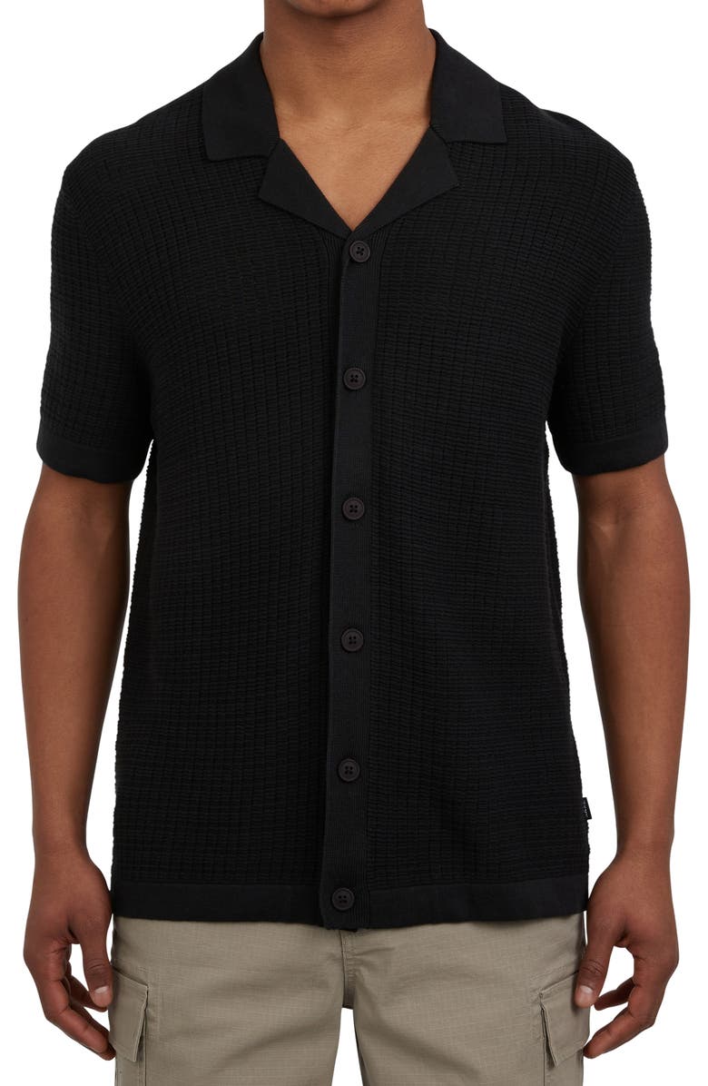 DKNY SPORTSWEAR Cotton Grid Knit Camp Shirt, Main, color, Black